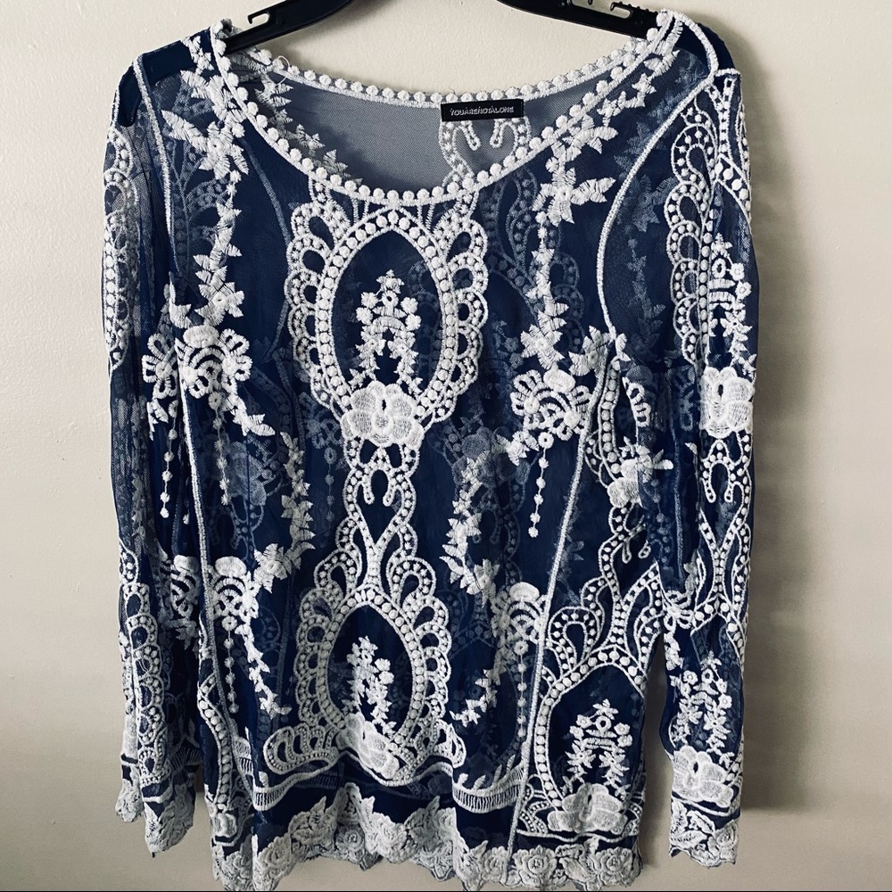 Vintage Large cotton Blue white lace  Round-neck Tunic casual long sleeve - Picture 2 of 4
